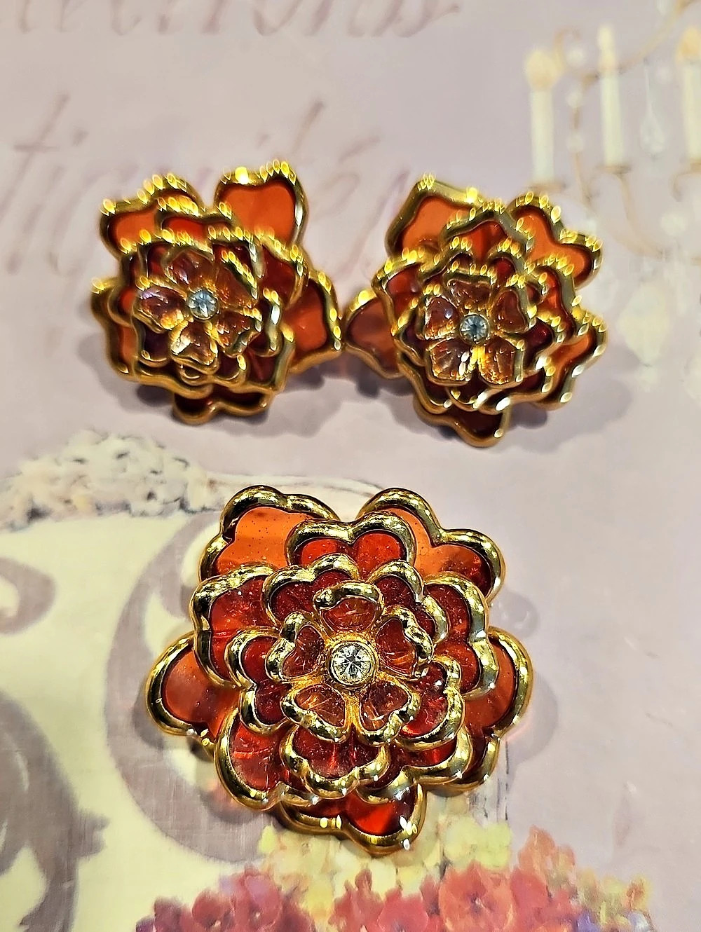 Joan Rivers Orange Carnation Flower Brooch and Clip-On Earrings Set